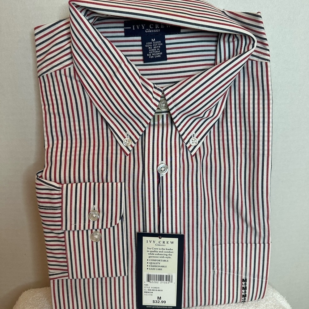 Ivy Crew Men's Striped Dress Long Sleeve Shirt - Red, White, Grey- Medium